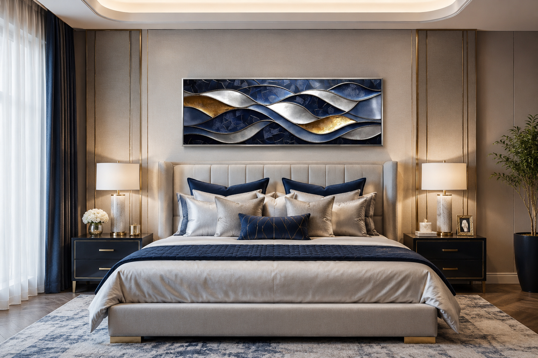 Navy and gold abstract wave horizontal wall art above a bed in a modern bedroom.