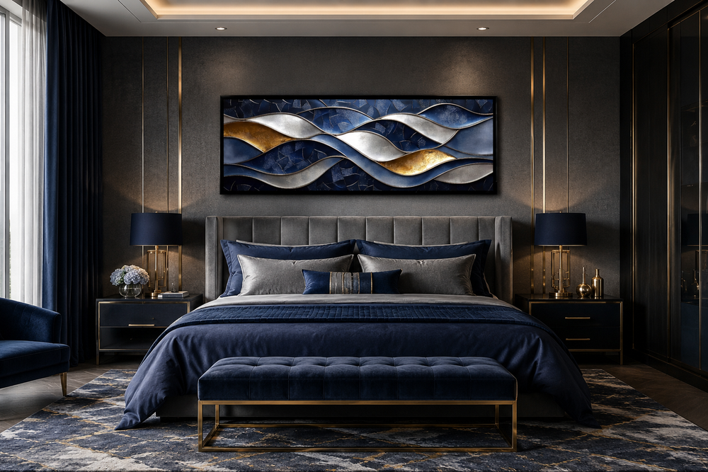 Navy and gold abstract wave long horizontal wall art displayed above a bed in a modern bedroom.