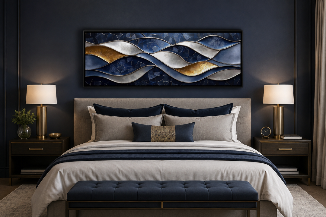 Navy and gold abstract wave horizontal wall art above a bed in a modern bedroom.