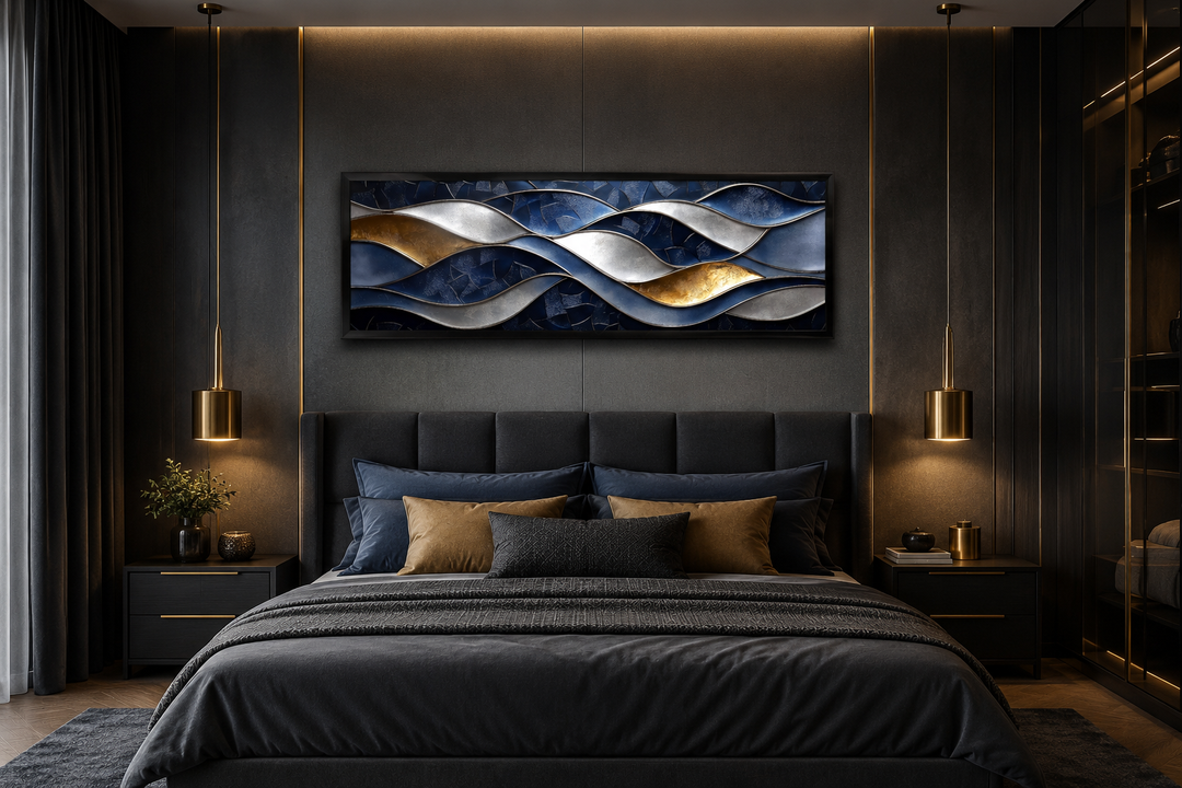 Navy and gold abstract wave horizontal wall art hanging above a bed in a modern dark bedroom.