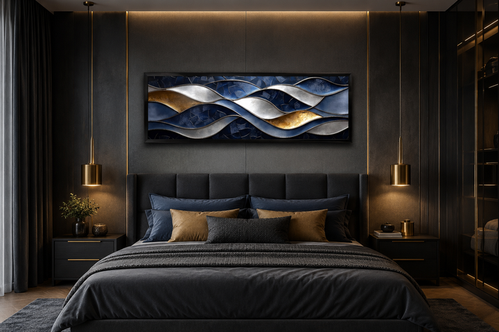 Navy and gold abstract wave horizontal wall art hanging above a bed in a modern dark bedroom.