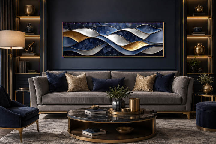 Navy and gold abstract wave horizontal wall art above a grey sofa in a modern living room.