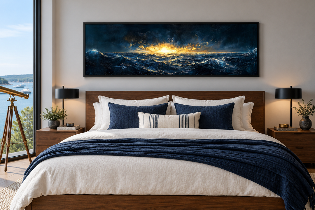 Navy and gold ocean sunset canvas art hanging above a bed in a modern nautical bedroom.