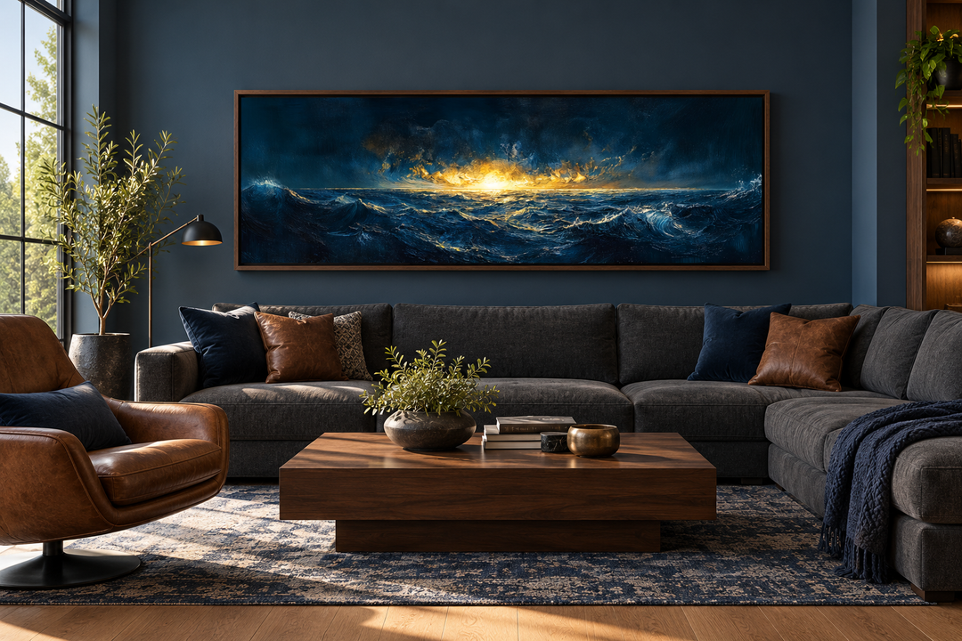 Navy and gold ocean sunset canvas art in a panoramic frame above a dark gray sectional sofa.