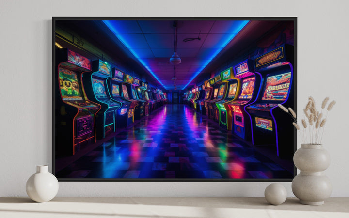 Neon Arcade Retro Game Room Framed Canvas Wall Art