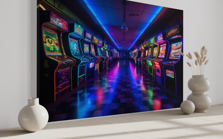 Neon Arcade Retro Game Room Framed Canvas Wall Art