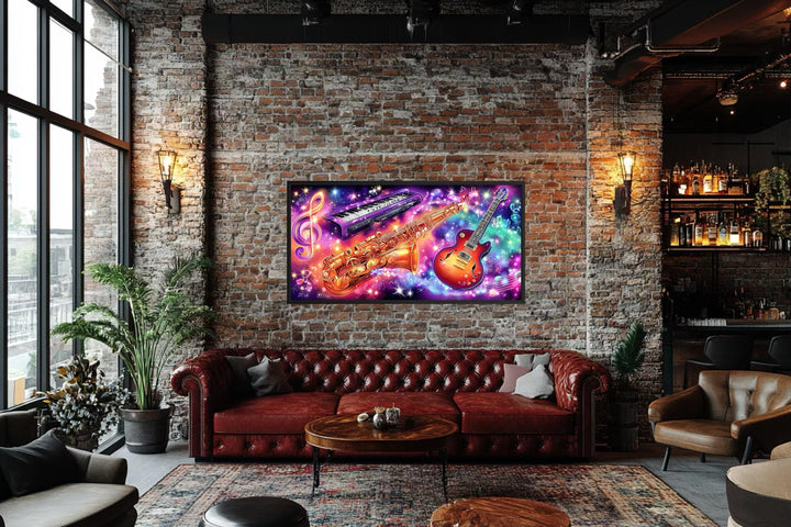 Neon Guitar Saxophone Keyboard Music Canvas Wall Art displayed in a modern industrial living room.