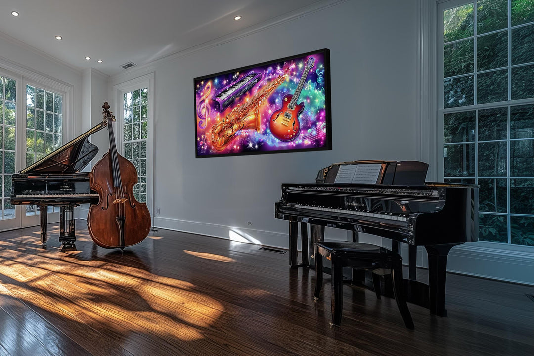 A vibrant neon canvas print of musical instruments hangs in a modern room with two grand pianos.