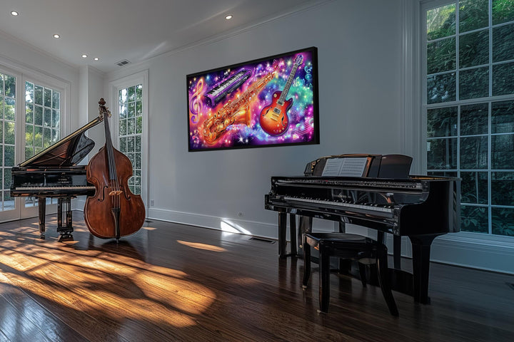A vibrant neon canvas print of musical instruments hangs in a modern room with two grand pianos.