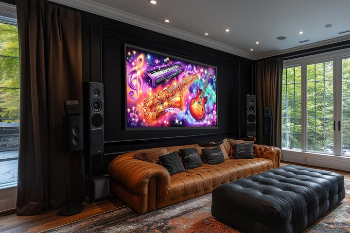 A vibrant neon canvas art featuring a guitar, saxophone, and keyboard hangs in a modern music room.