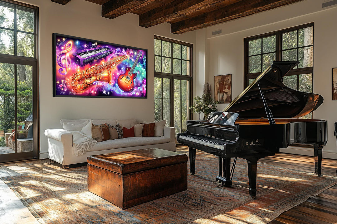A vibrant neon canvas of a guitar, saxophone, and keyboard hangs in a modern, sunlit music room.
