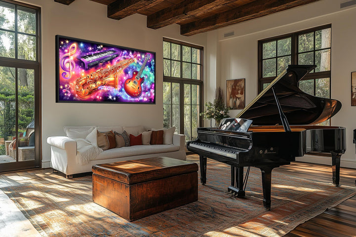A vibrant neon canvas of a guitar, saxophone, and keyboard hangs in a modern, sunlit music room.