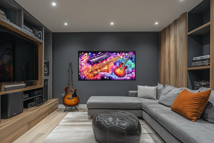 Neon Guitar Saxophone Keyboard Music Canvas Wall Art displayed in a modern living room setting.