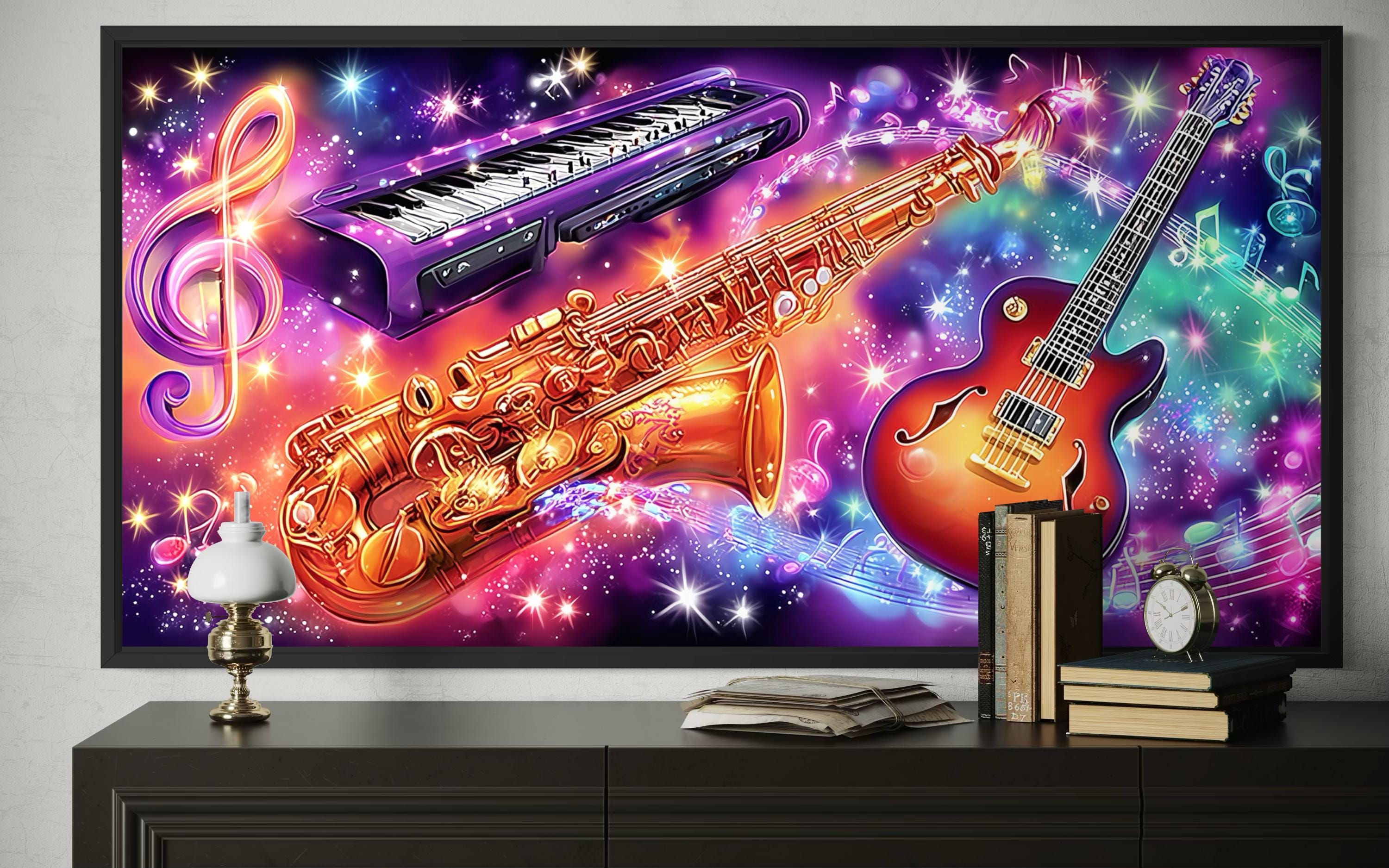 Neon Guitar Saxophone Keyboard Music Canvas Wall Art – Wall Decor
