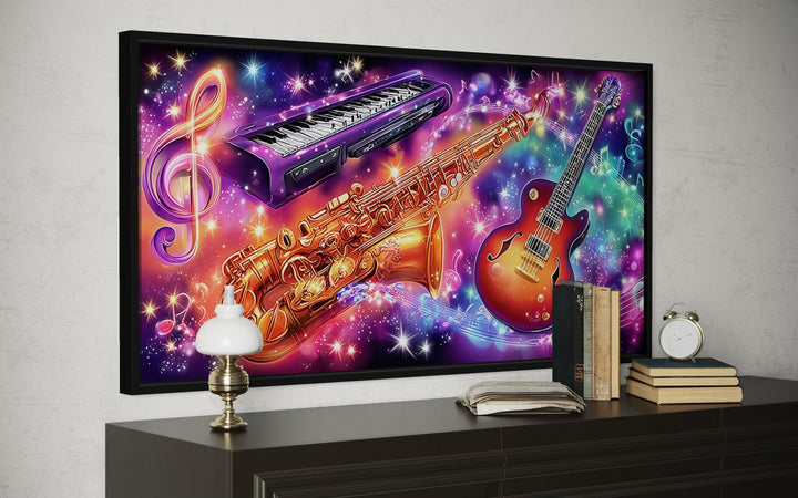 Neon musical instruments canvas wall art featuring a saxophone, guitar, and keyboard in vibrant colors.