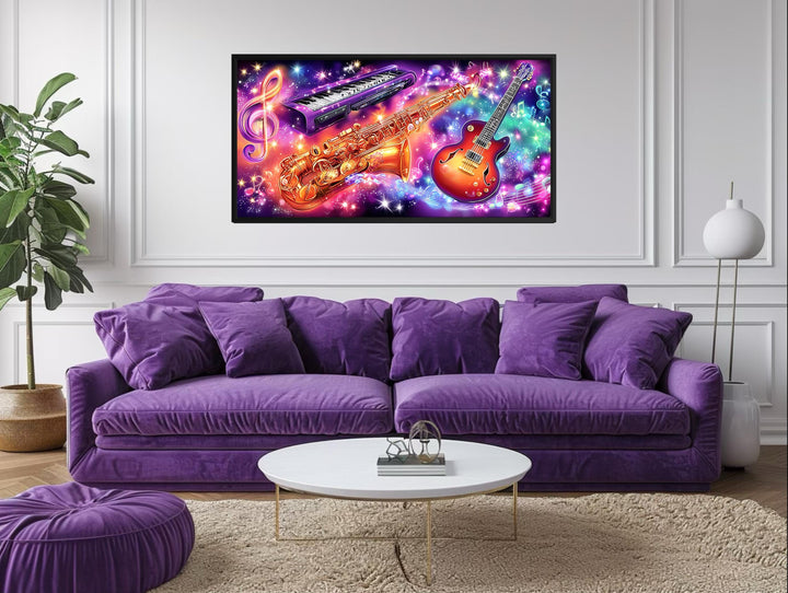 Neon musical instruments canvas wall art displayed above a purple sofa in a modern living room.