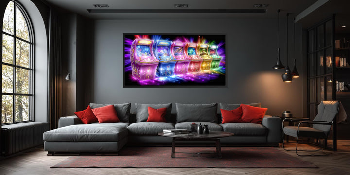 Neon retro arcade gaming canvas wall art featuring glowing cabinets in a modern living room.