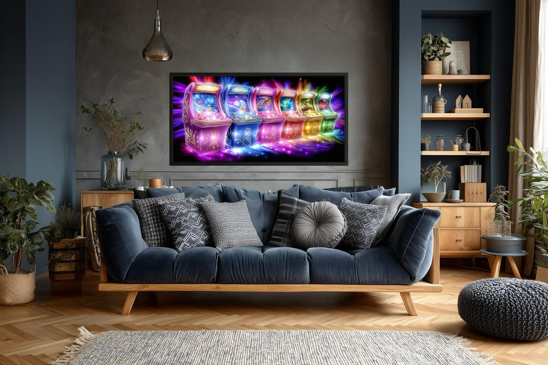 Neon Retro Arcade Wall Art featuring colorful glowing gaming cabinets on a dark canvas.
