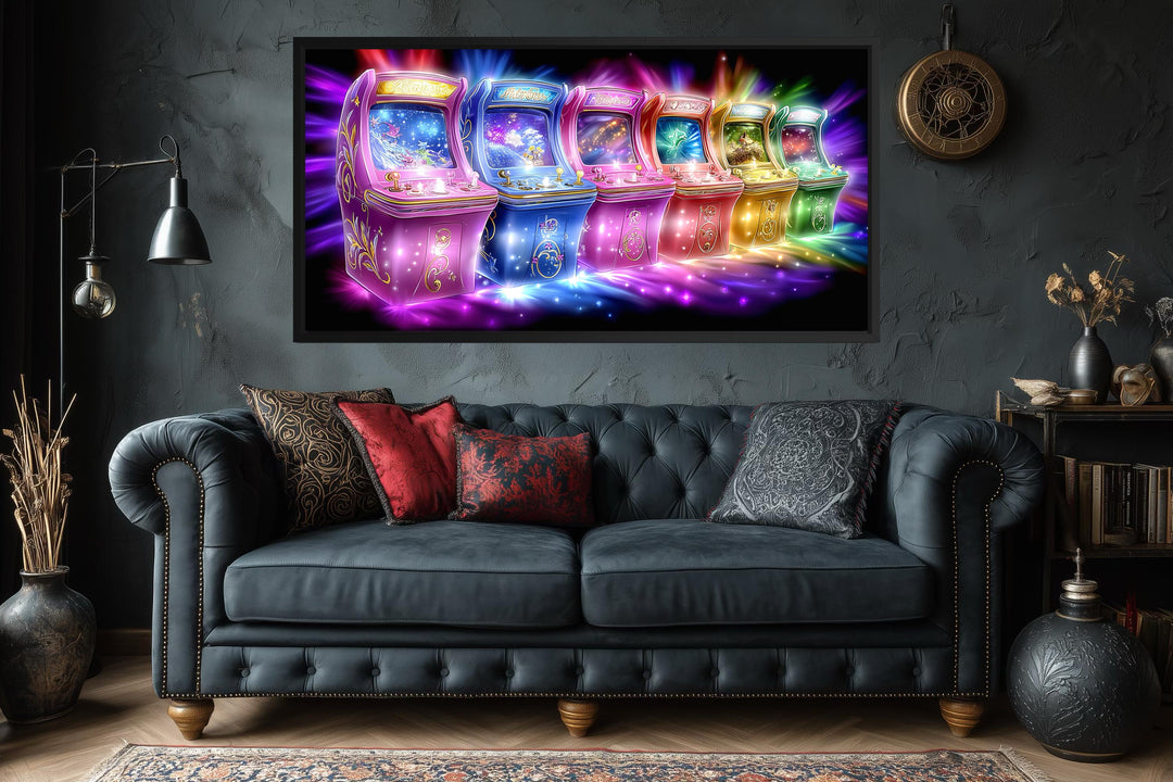 A horizontal canvas print of colorful neon arcade machines hangs above a dark tufted sofa.
