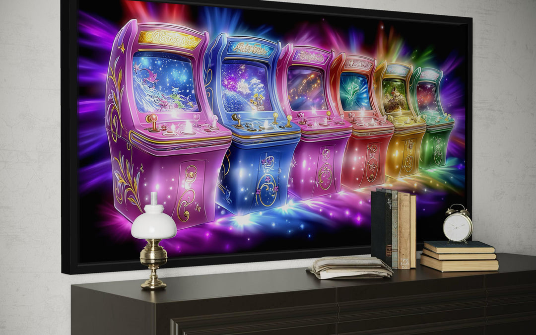 Neon retro arcade wall art featuring a row of colorful, glowing gaming cabinets on canvas.
