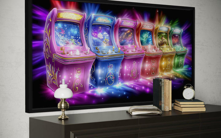 Neon retro arcade wall art featuring a row of colorful, glowing gaming cabinets on canvas.