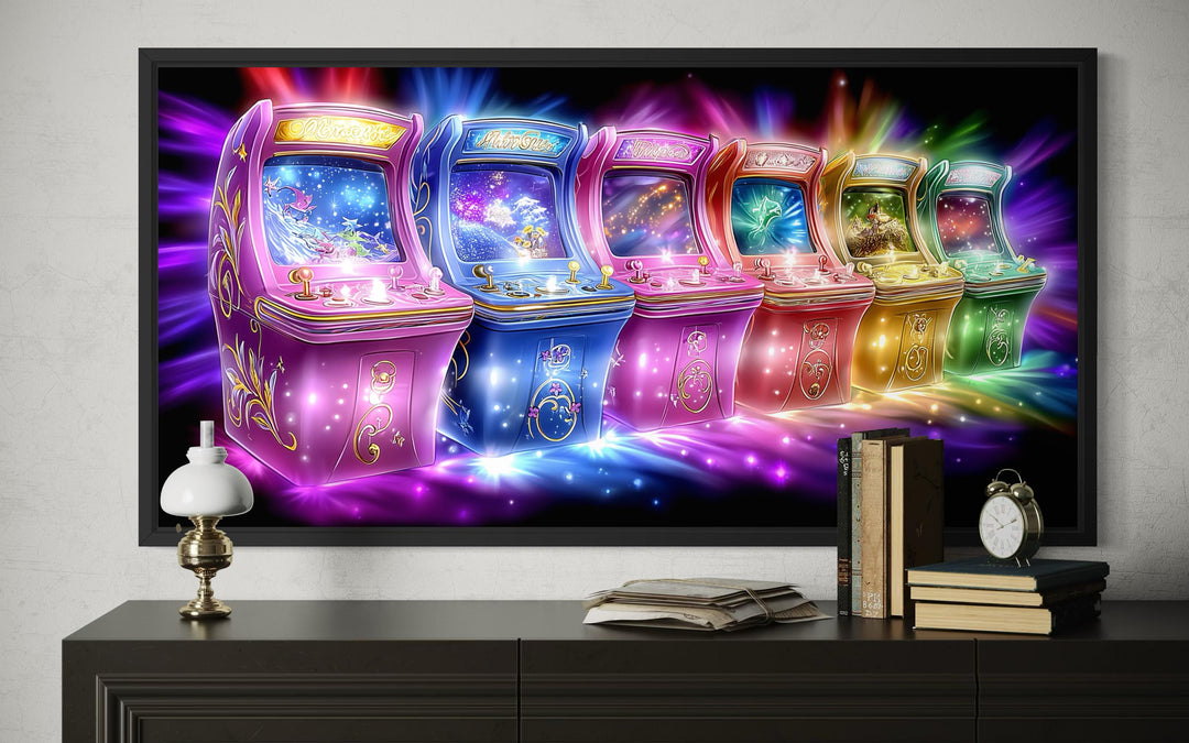 Neon retro arcade wall art featuring six glowing, colorful gaming cabinets on a dark background.