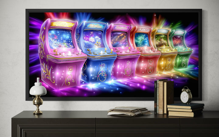 Neon retro arcade wall art featuring six glowing, colorful gaming cabinets on a dark background.