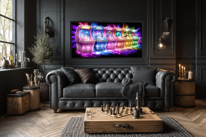 Neon Retro Arcade Wall Art featuring colorful gaming cabinets on a canvas in a dark, modern room.