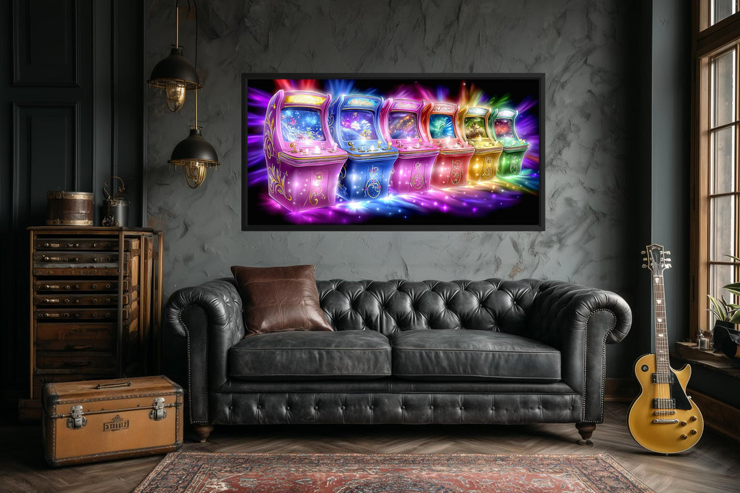 Neon retro arcade gaming canvas wall art featuring colorful glowing cabinets above a leather sofa.