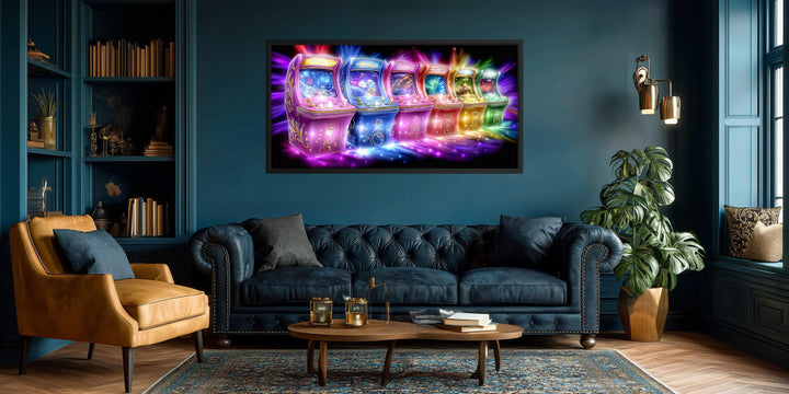 Neon retro arcade gaming canvas wall art featuring colorful glowing cabinets in a modern living room.