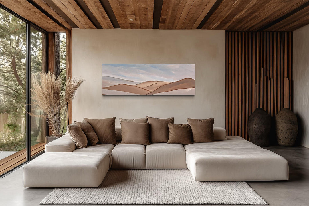 Neutral Beige Brown Minimalist Mountain Landscape Above Bed Wall Art