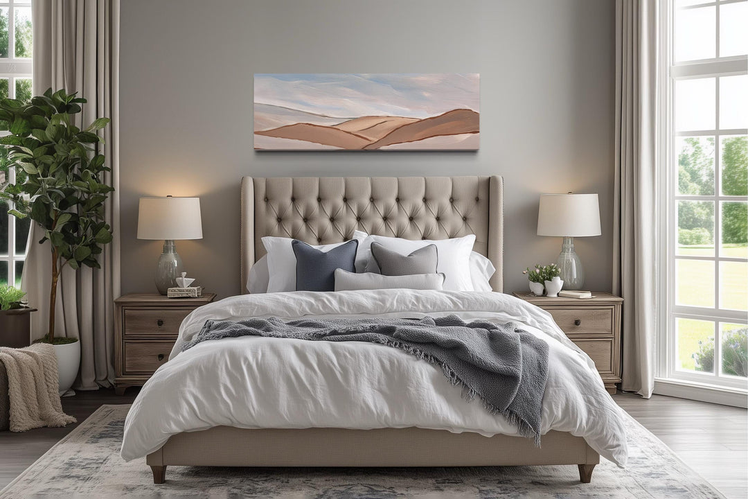 Neutral Beige Brown Minimalist Mountain Landscape Above Bed Wall Art