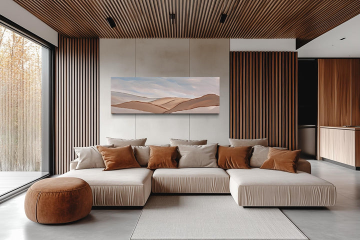 Neutral Beige Brown Minimalist Mountain Landscape Above Bed Wall Art