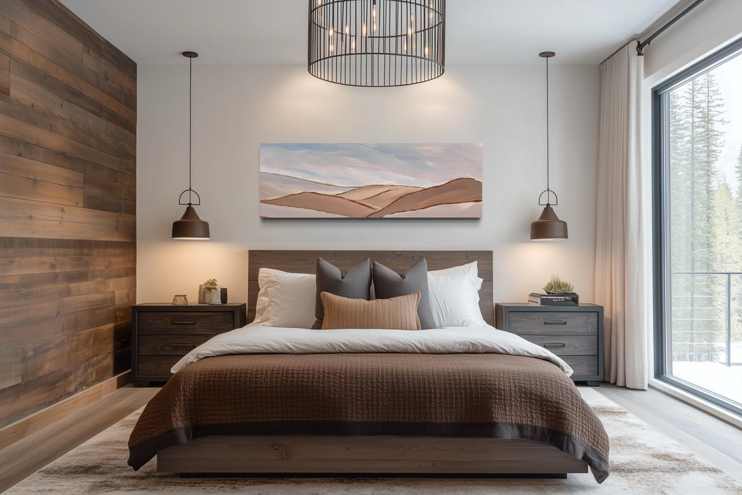 Neutral Beige Brown Minimalist Mountain Landscape Above Bed Wall Art