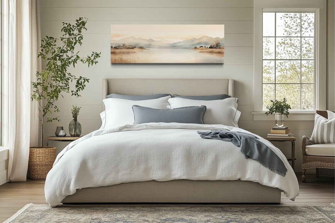 Neutral Beige Mountains Lake Long Narrow Framed Canvas Wall Art