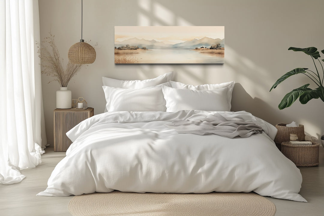 Neutral Beige Mountains Lake Long Narrow Framed Canvas Wall Art