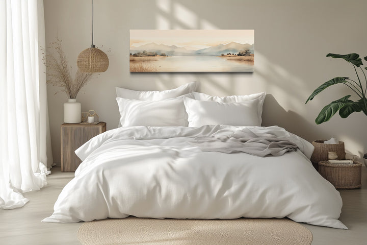 Neutral Beige Mountains Lake Long Narrow Framed Canvas Wall Art