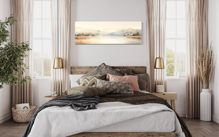 Neutral Beige Mountains Lake Long Narrow Framed Canvas Wall Art