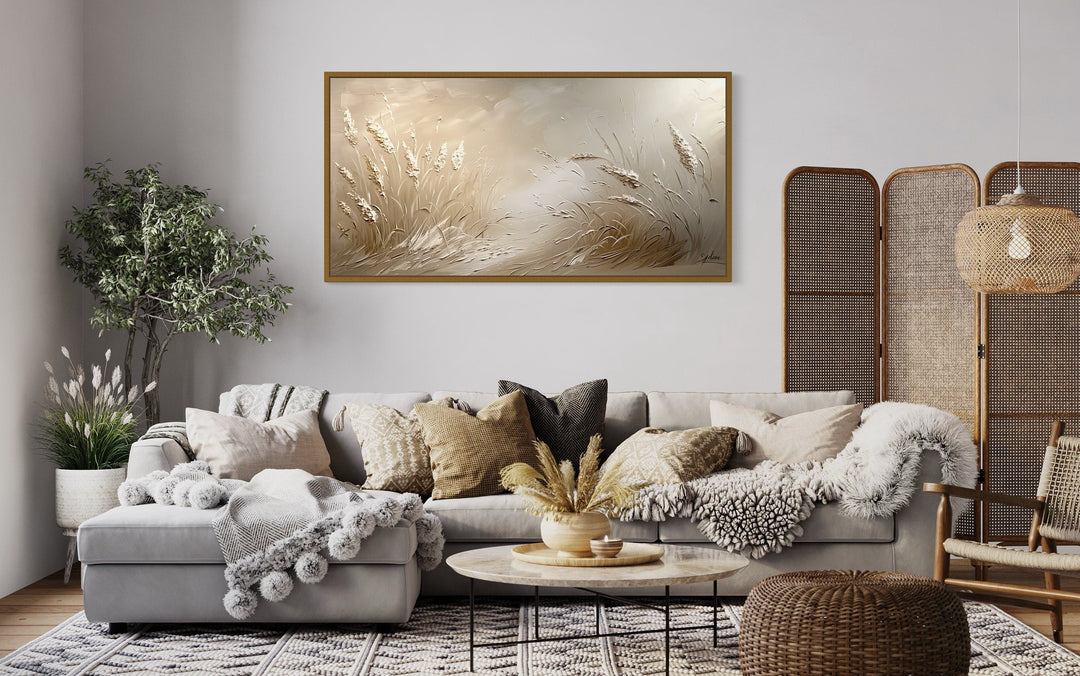 Neutral Boho Beach Grass Painting Framed Canvas Wall Art