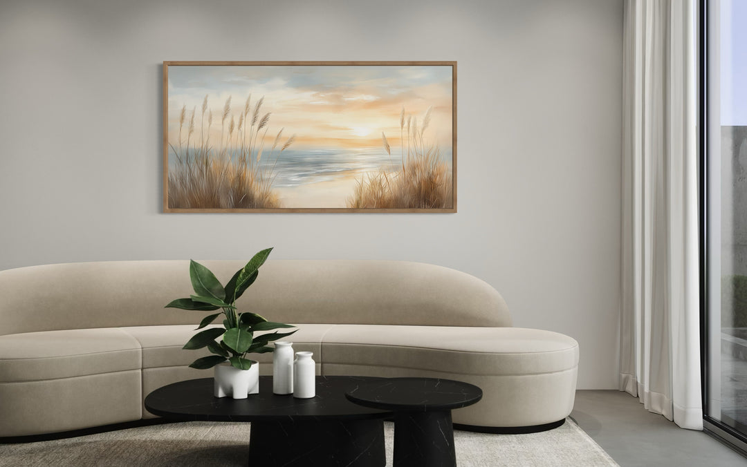 Neutral Boho Beach Pampas Grass Coastal Painting Framed Canvas Wall Art