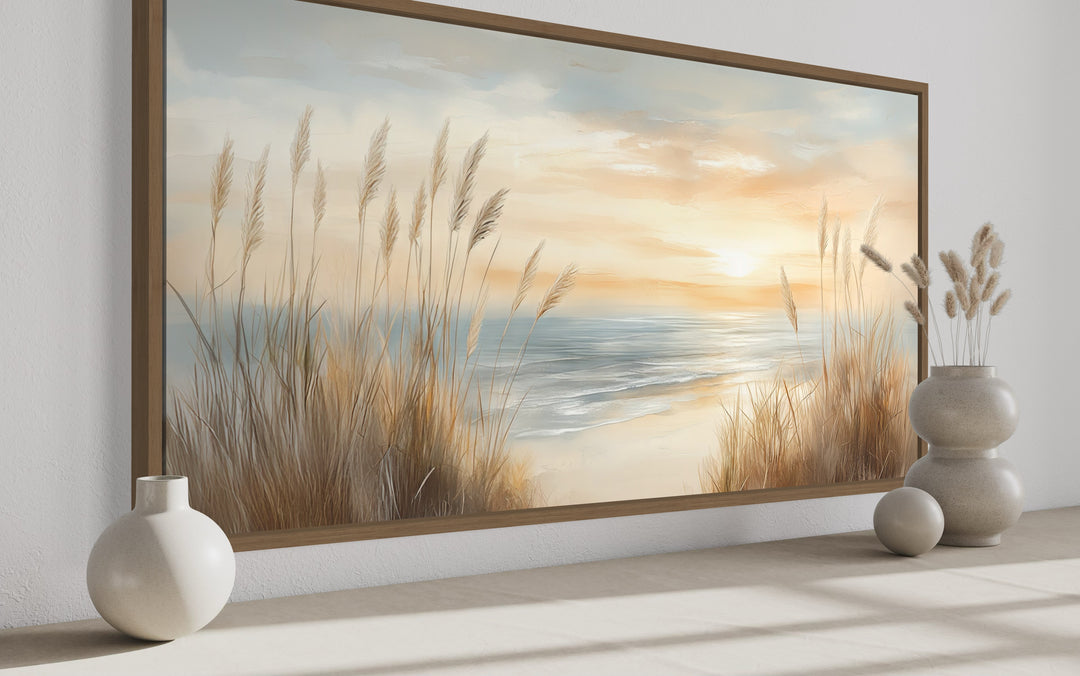Neutral Boho Beach Pampas Grass Coastal Painting Framed Canvas Wall Art