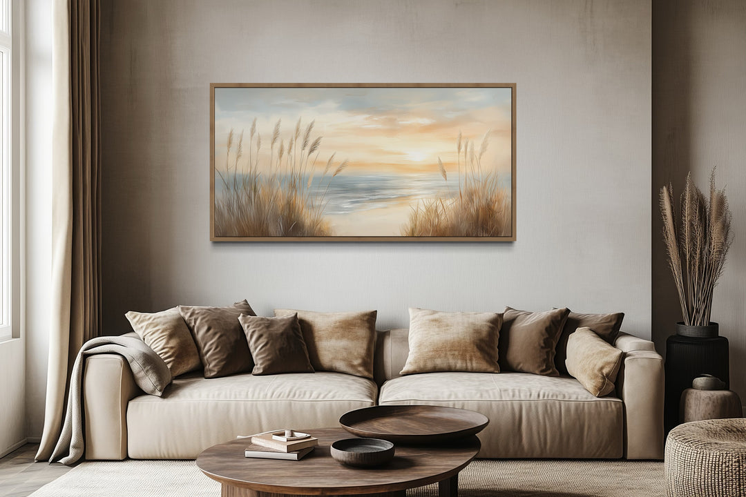 Neutral Boho Beach Pampas Grass Coastal Painting Framed Canvas Wall Art