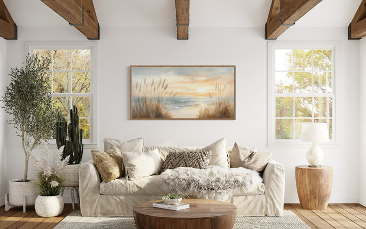 Neutral Boho Beach Pampas Grass Coastal Painting Framed Canvas Wall Art