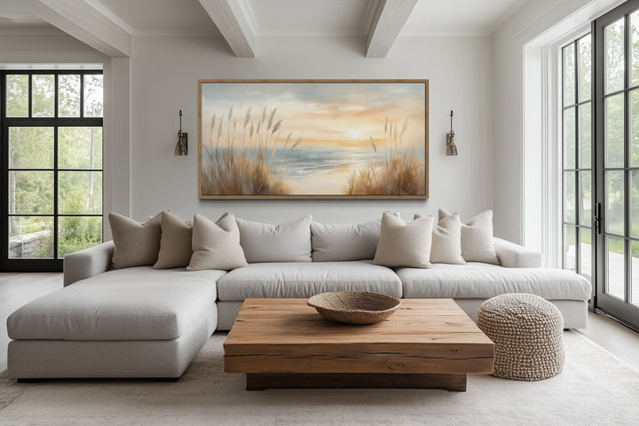 Neutral Boho Beach Pampas Grass Coastal Painting Framed Canvas Wall Art