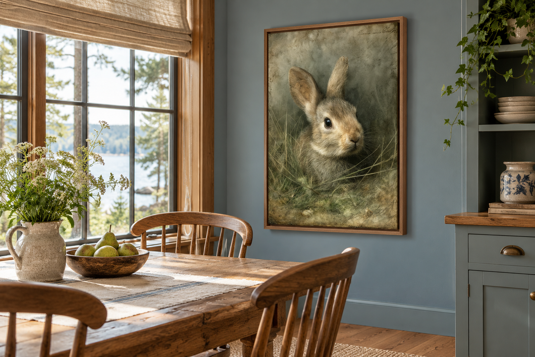 Vintage rabbit portrait canvas in a wood frame hanging in a rustic dining room with blue walls.