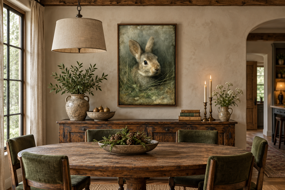 Vintage rabbit portrait canvas art in a walnut frame above a rustic wooden sideboard.