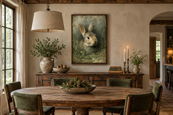 Vintage rabbit portrait canvas art in a walnut frame above a rustic wooden sideboard.