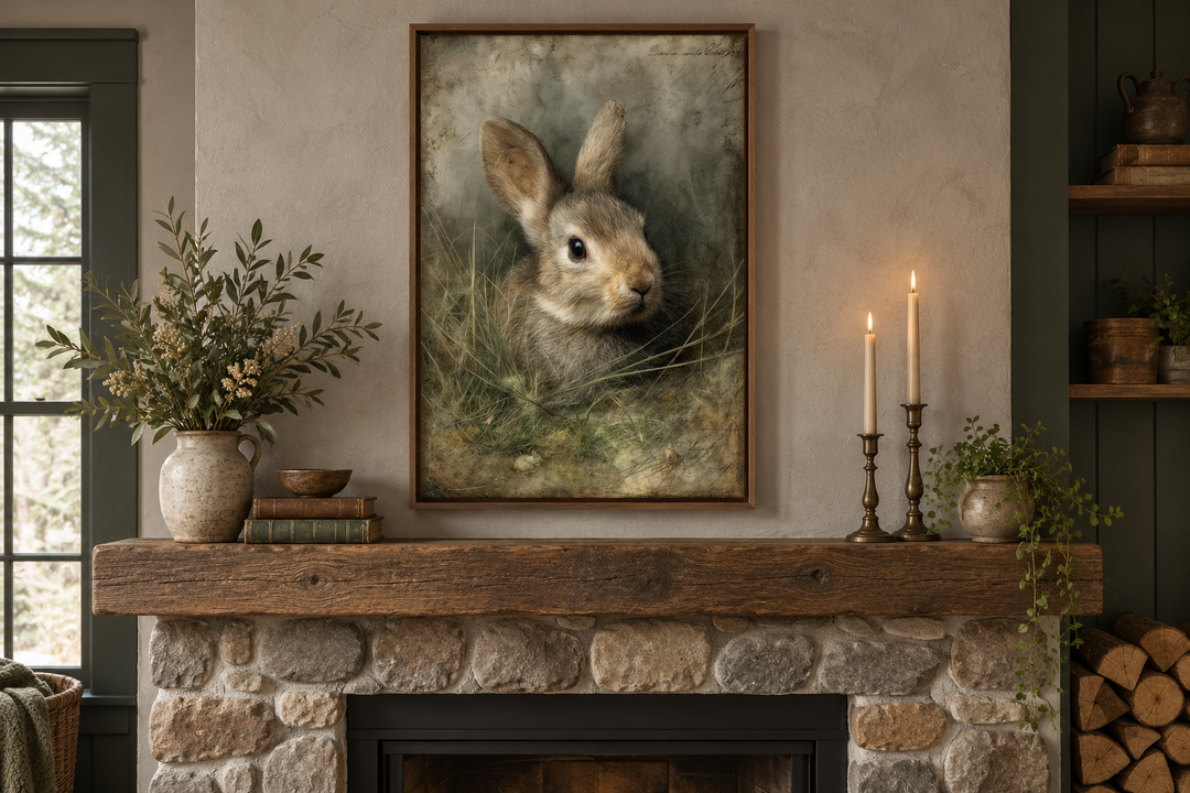 Vintage rabbit portrait canvas art in a walnut frame above a rustic stone fireplace mantel.