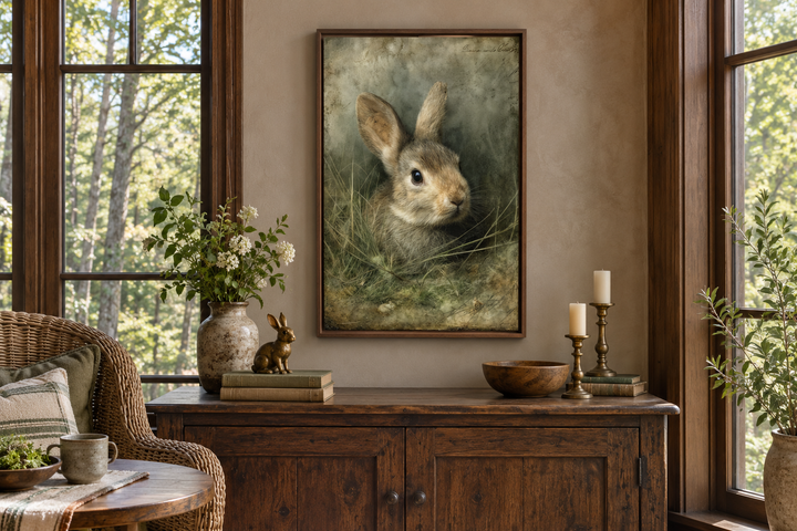 Vintage rabbit portrait canvas wall art in a walnut floating frame above a rustic wood sideboard.