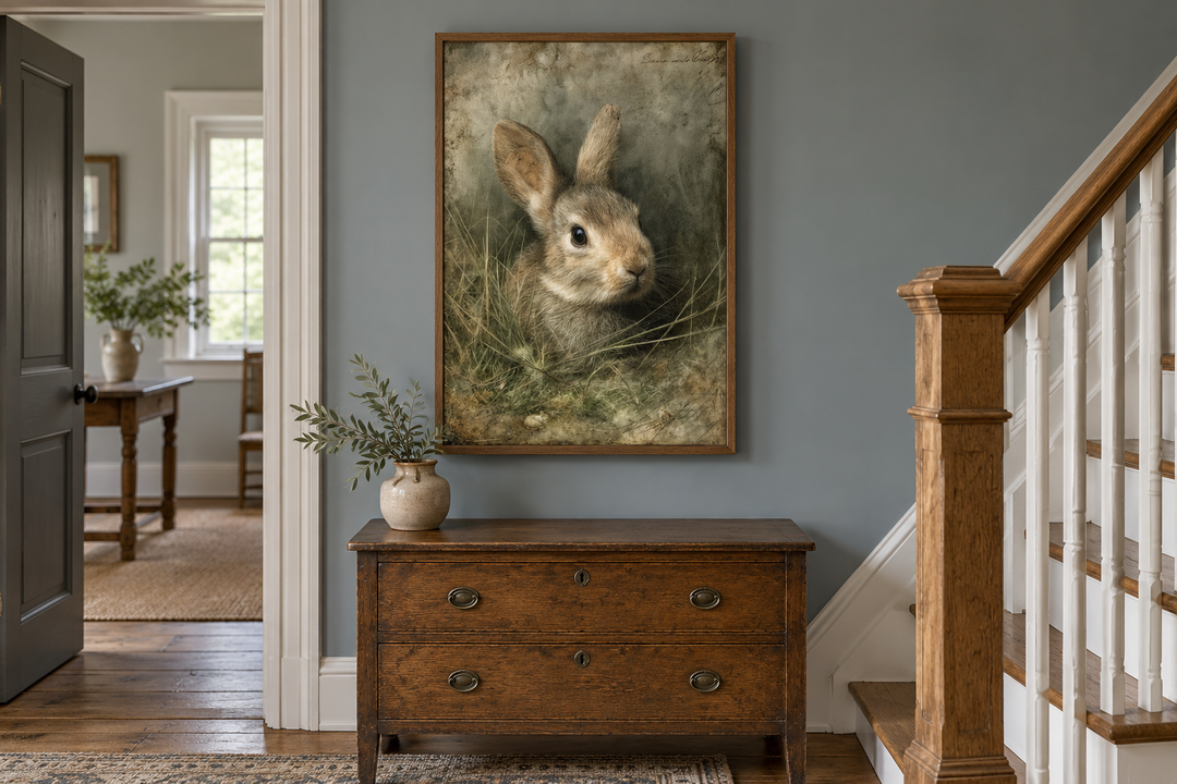 Vintage rabbit portrait canvas wall art in a wood frame above a rustic wooden dresser.